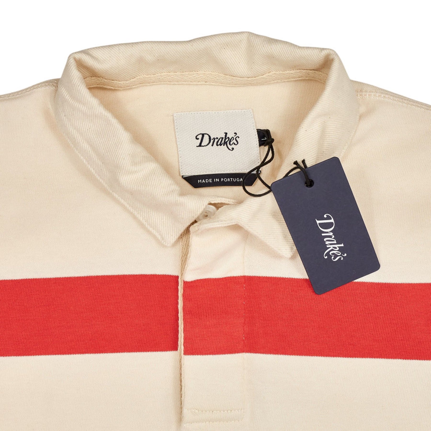 Drake's White Red Stripe Rugby Shirt L