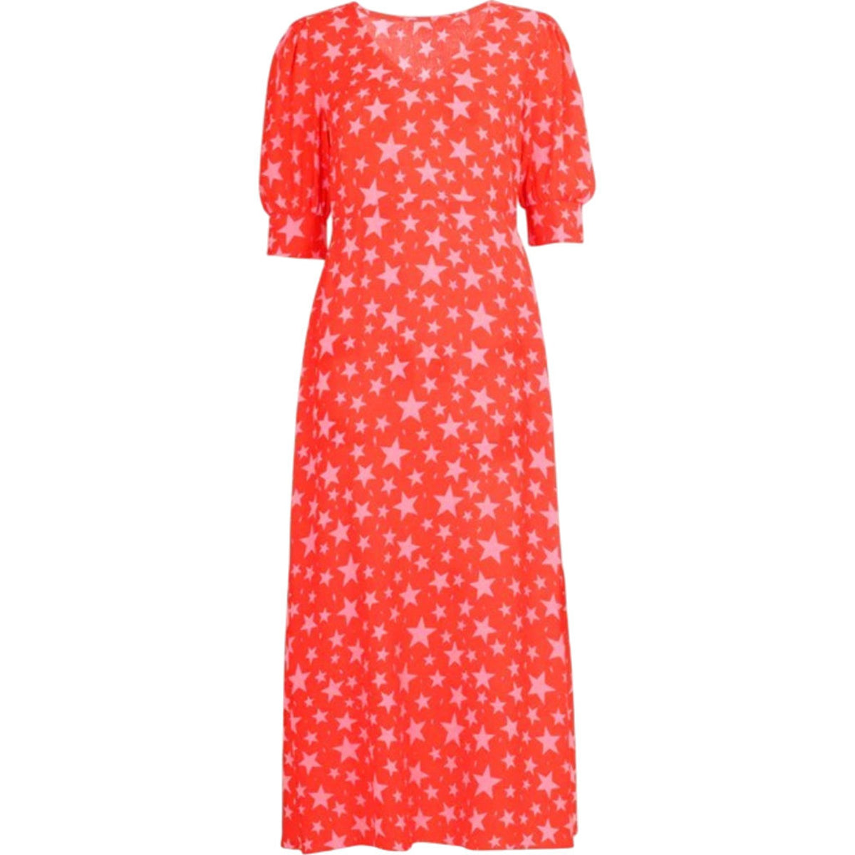 Scamp & Dude Short Sleeve V Neck Midi Dress Red with Pink Star and Lightning Bolt