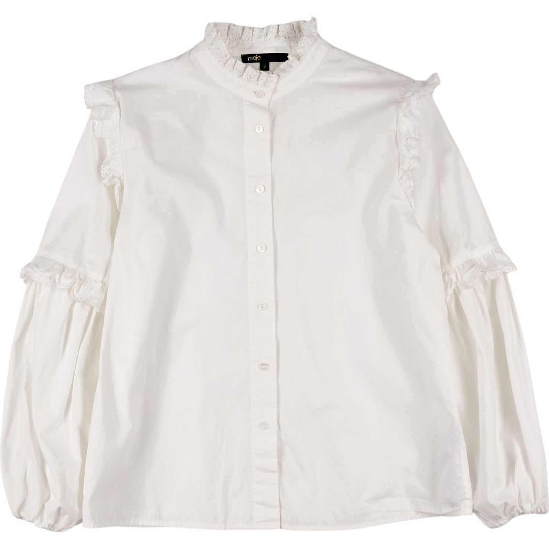 Maje White Ruffle Button-Up Blouse