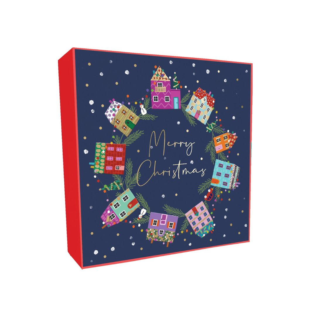 Wreath & Christmas Houses Christmas cards - pack of 8