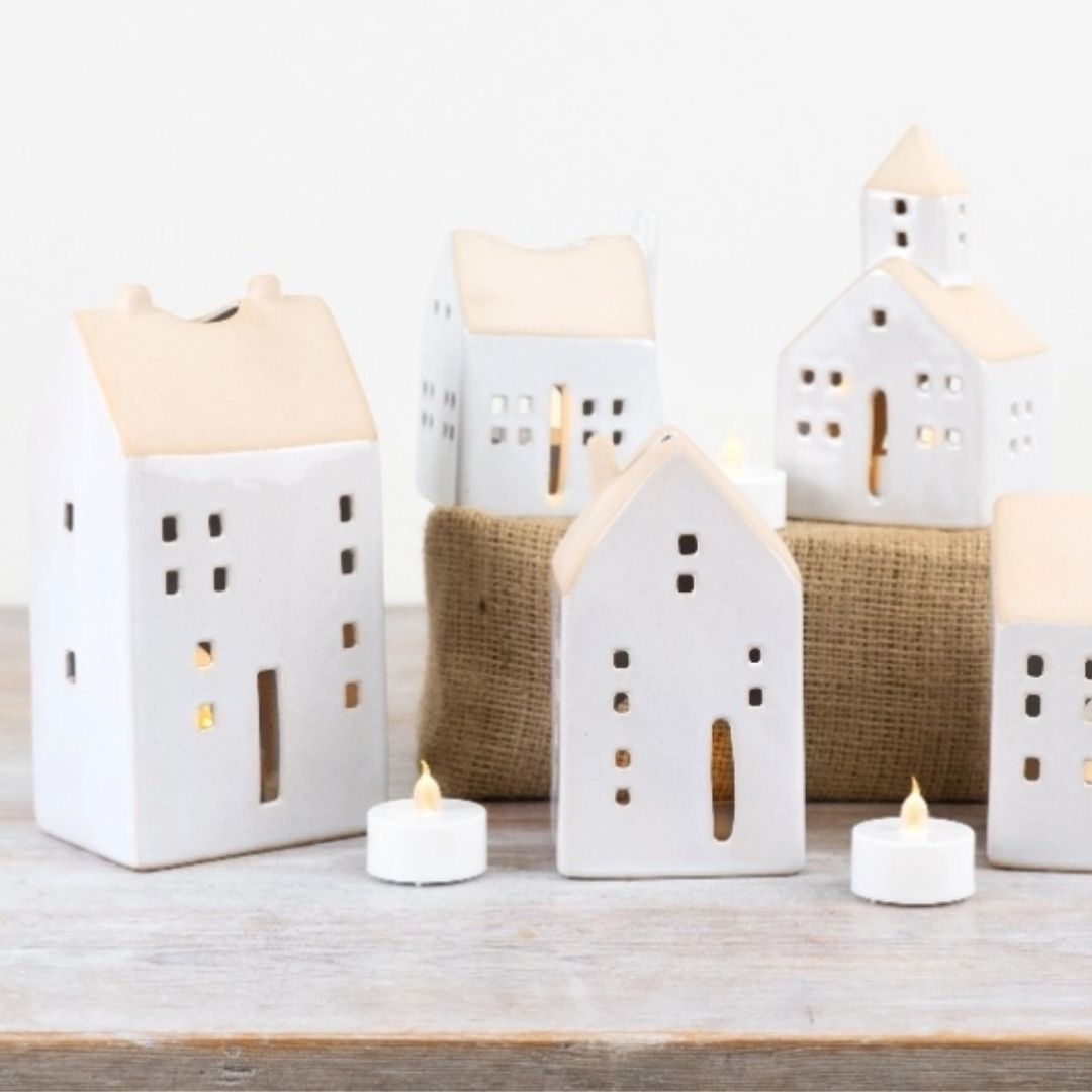 House-shaped White Stoneware T-Light Holders