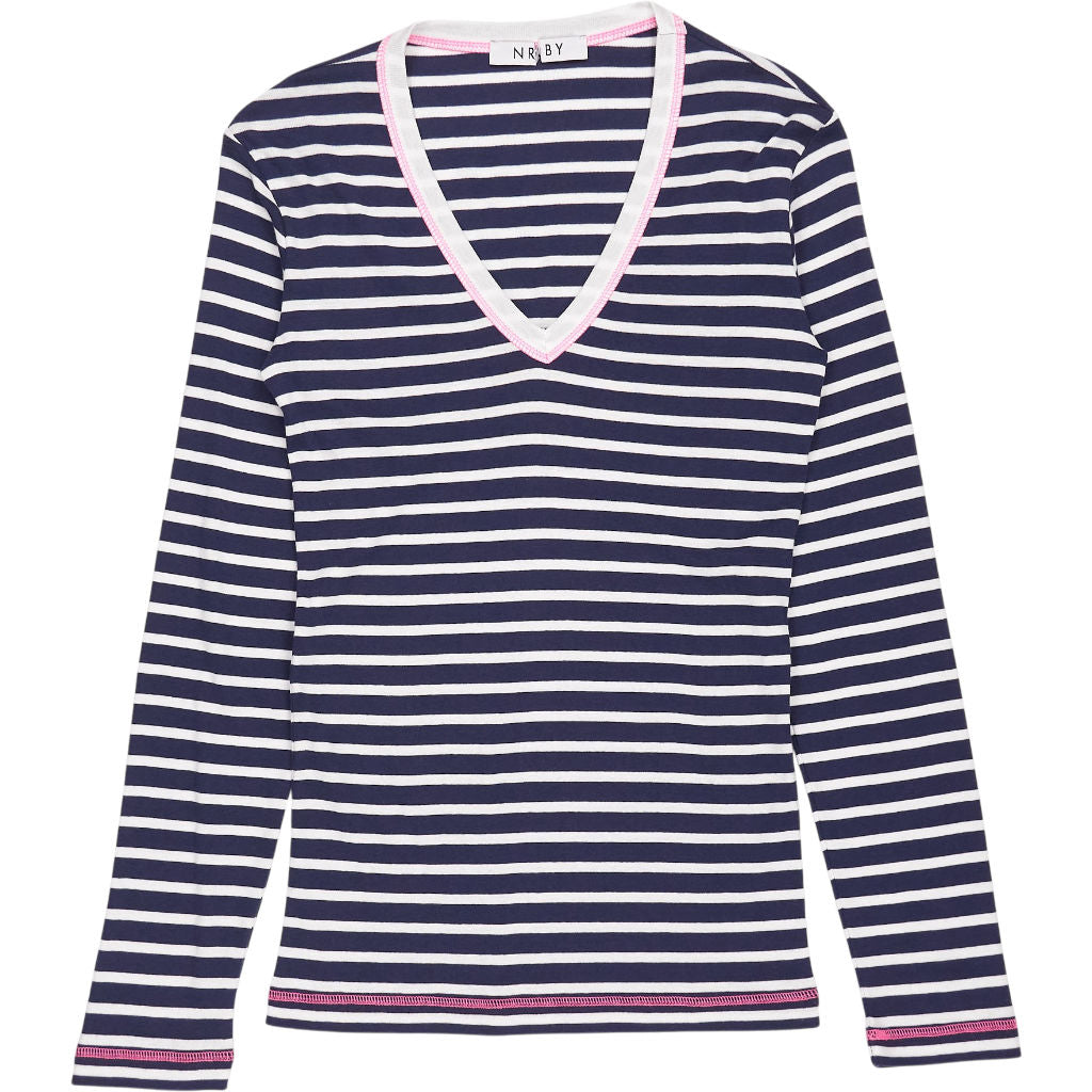 NRBY Navy White Stripe V-Neck Top