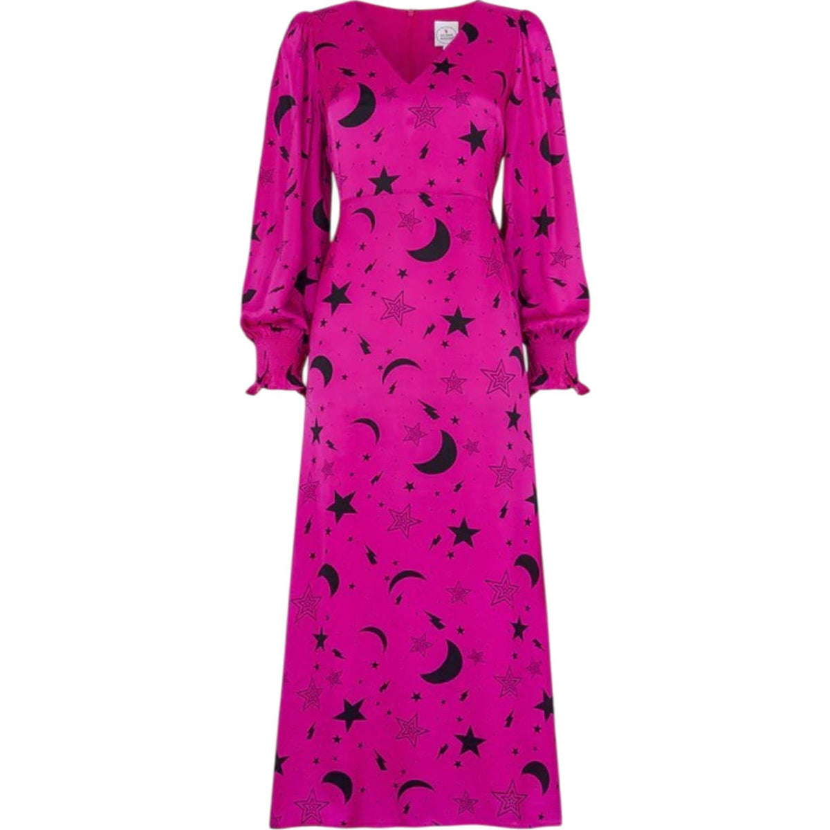Scamp & Dude V-Neck Long Sleeve Midi Dress Magenta with Black Moon Star and Lightning