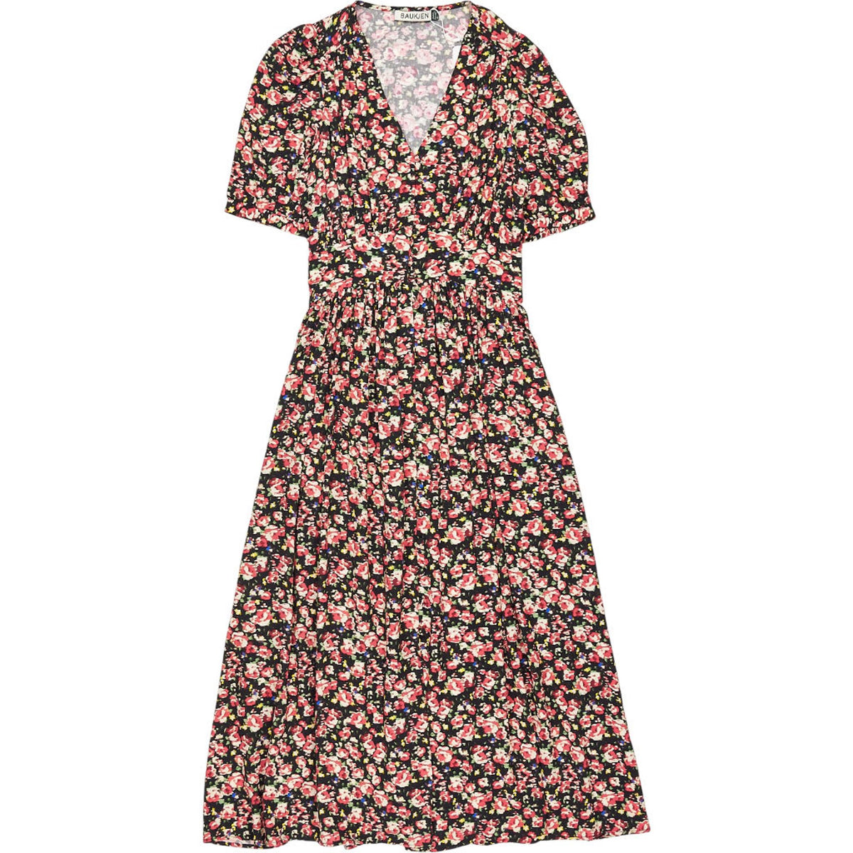 Baukjen Black Rose V-Neck Waisted Midi Dress