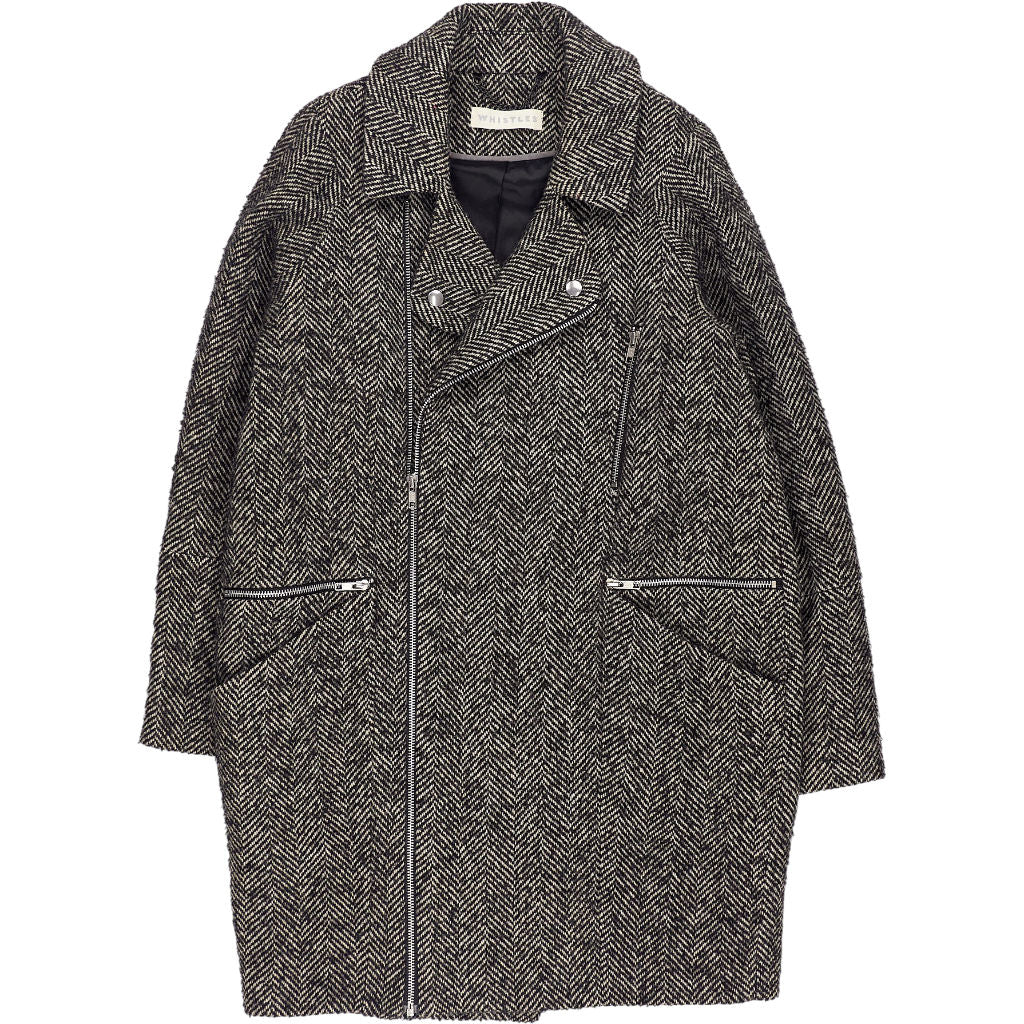 Whistles Black Herringbone Wool Coat