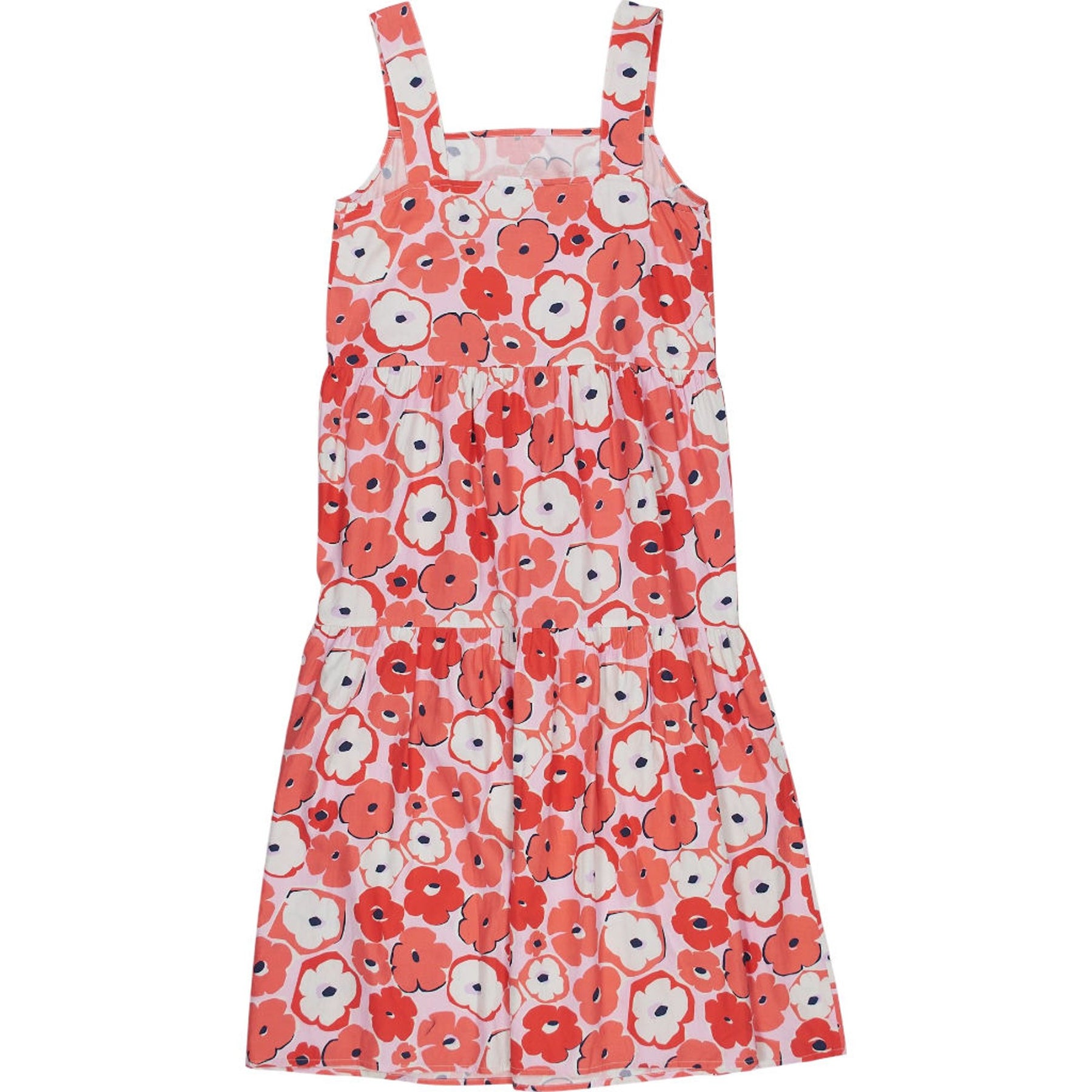 OMNES Red Poppy Print Tiered Midi Dress