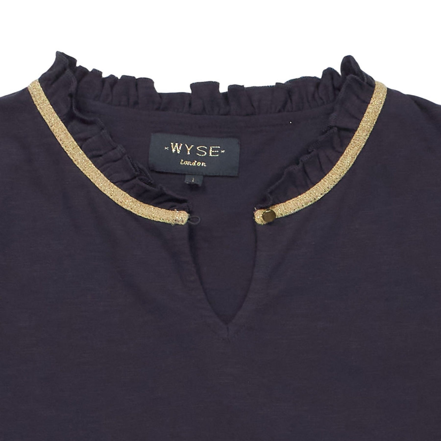 Wyse London Navy Ruffle Neck Top