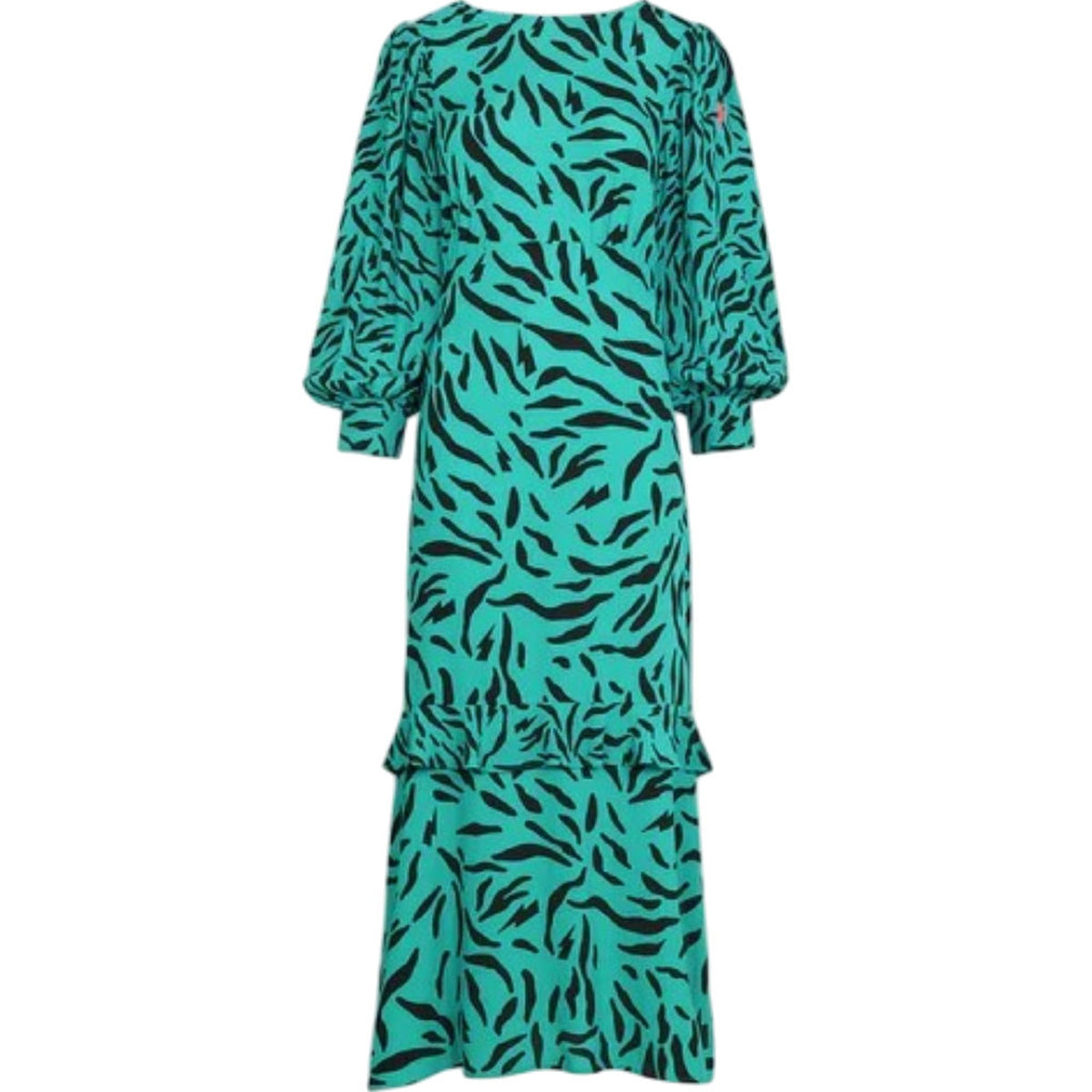 Scamp & Dude Ruffle Hem Blouson Sleeve Midi Dress Teal with Black Zebra & Lightning Bolt Print