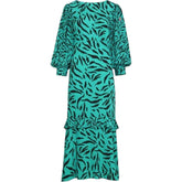 Scamp & Dude Ruffle Hem Blouson Sleeve Midi Dress Teal with Black Zebra & Lightning Bolt Print