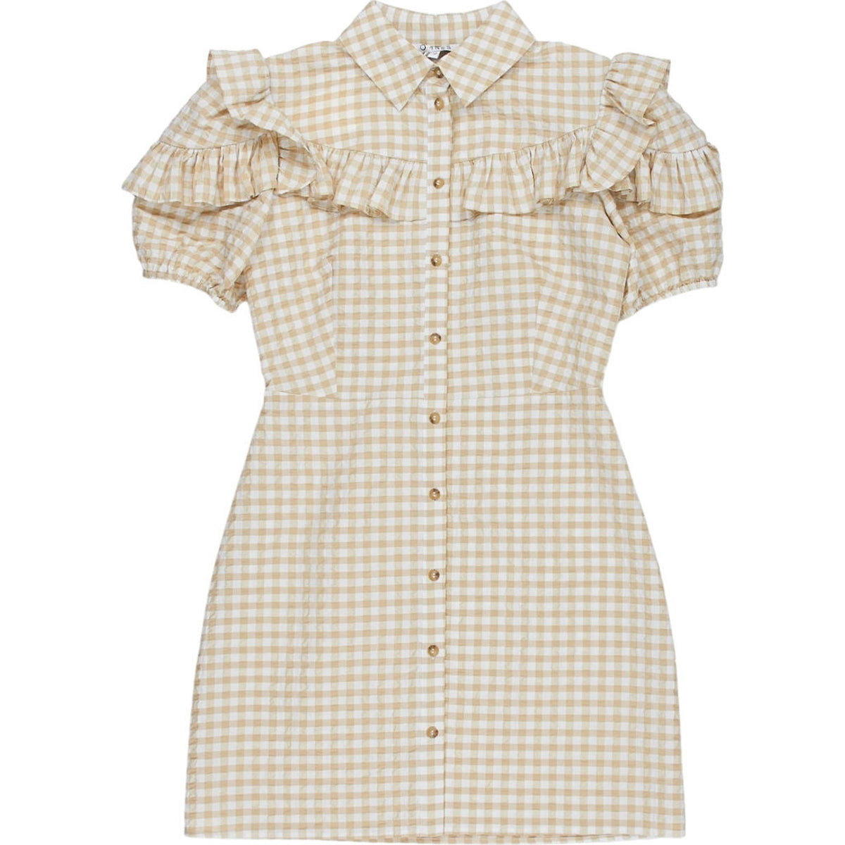 OMNES Beige Gingham Ruffle Dress