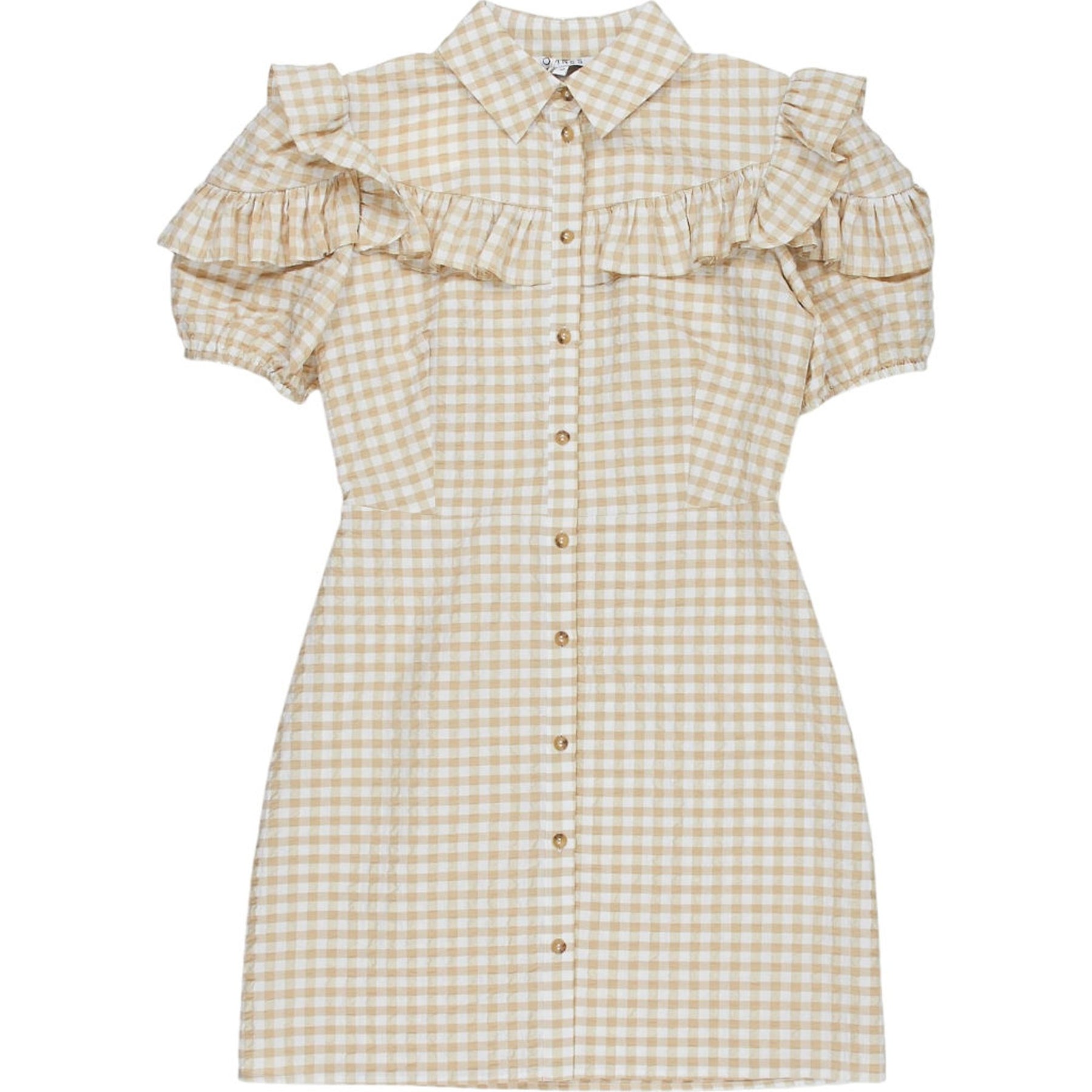 OMNES Beige Gingham Ruffle Dress