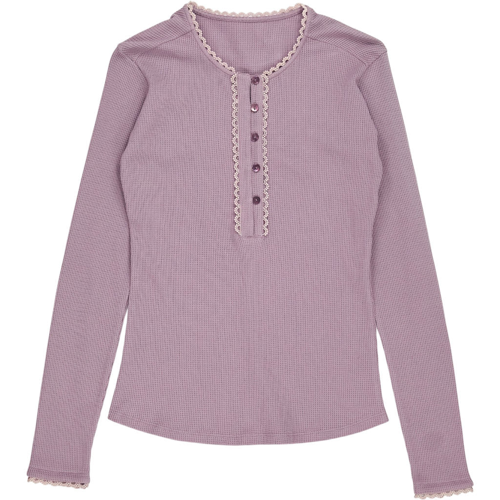 WYSE Mauve Lace Trim Henley Top