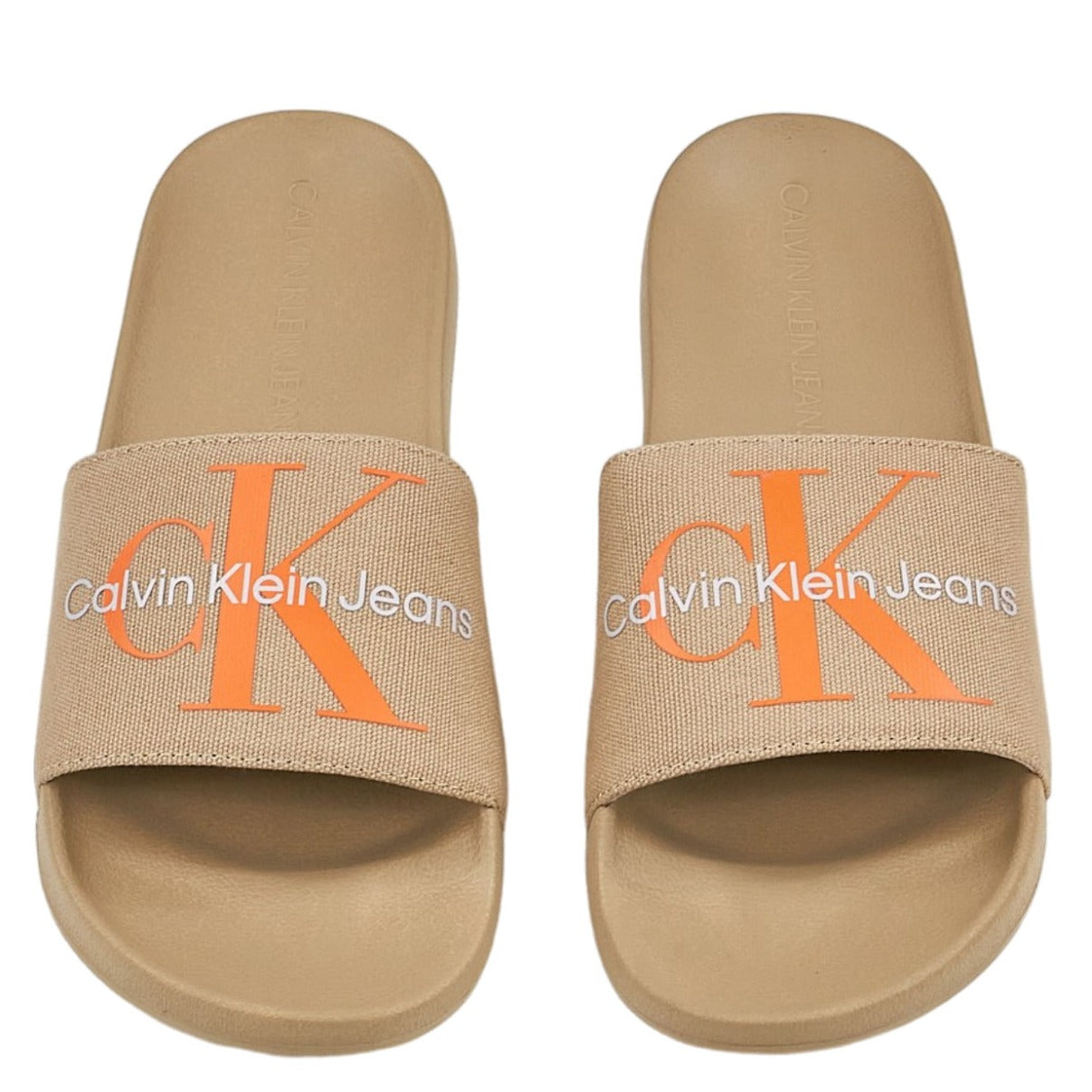 Calvin Klein Jeans Beige Monogram Logo Sliders Shop from Crisis Online