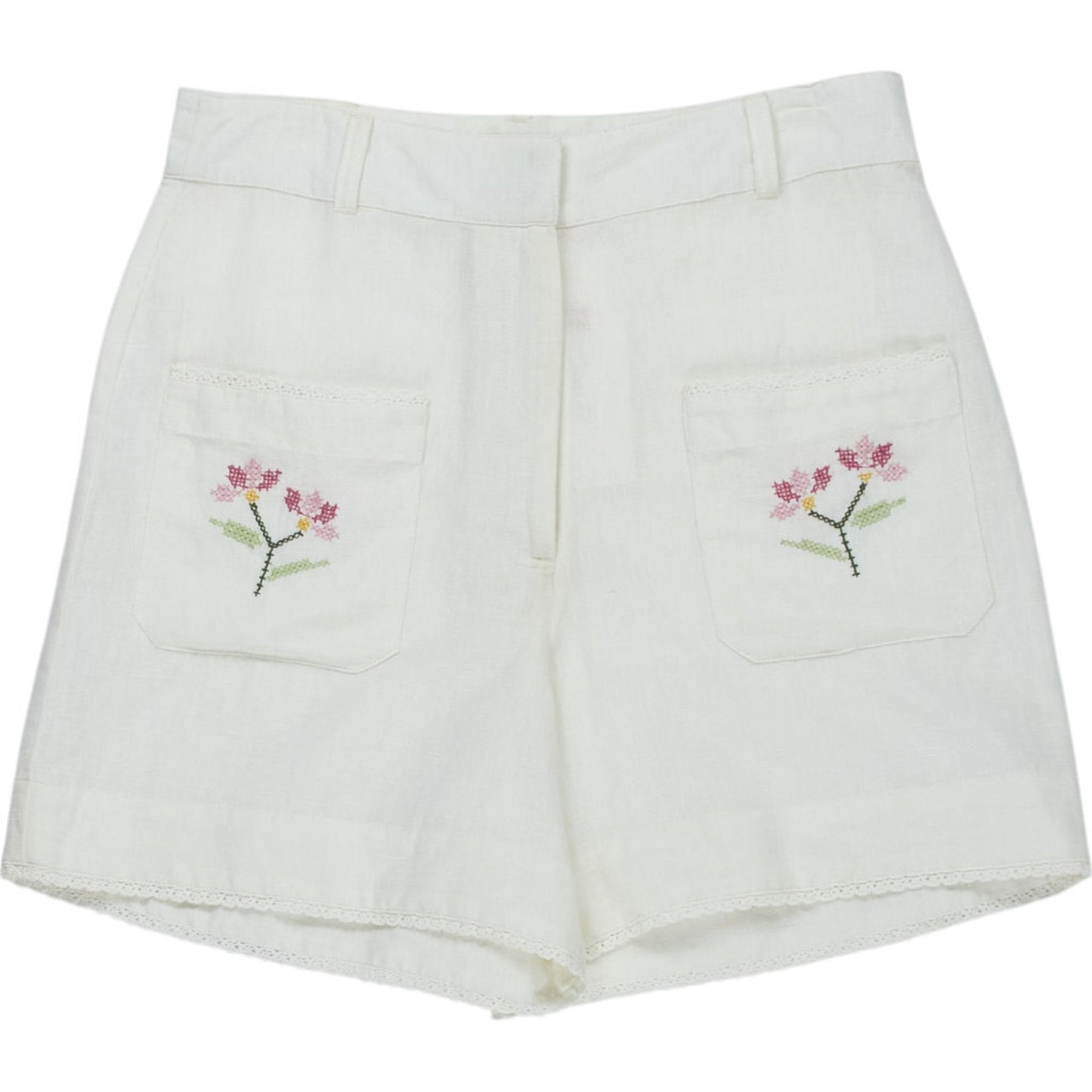 WYSE White Cotton Linen Embroidered Shorts