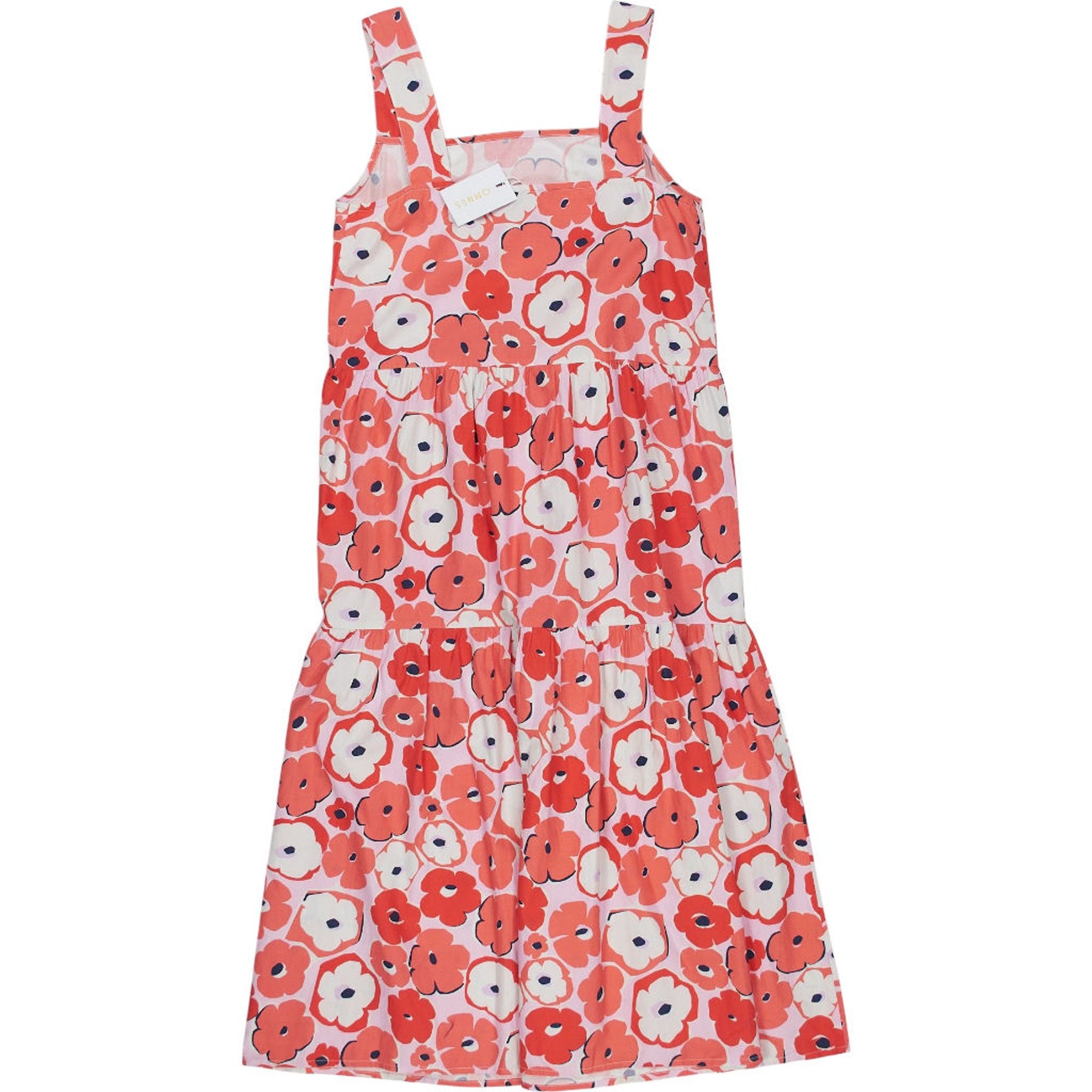 OMNES Red Poppy Print Tiered Midi Dress
