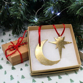 Set of Brass Star & Moon Christmas Decorations by Pivot