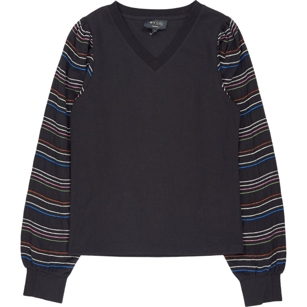Wyse Black Nancy Tee V-Neck Striped Sleeves