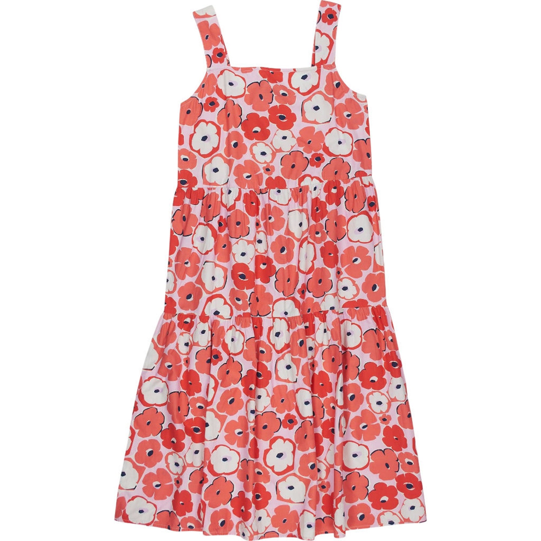 OMNES Red Poppy Print Tiered Midi Dress
