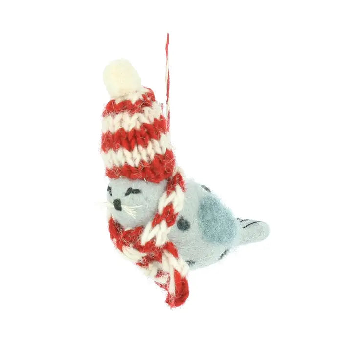 Felted Seal with hat and scarf Christmas Decoration