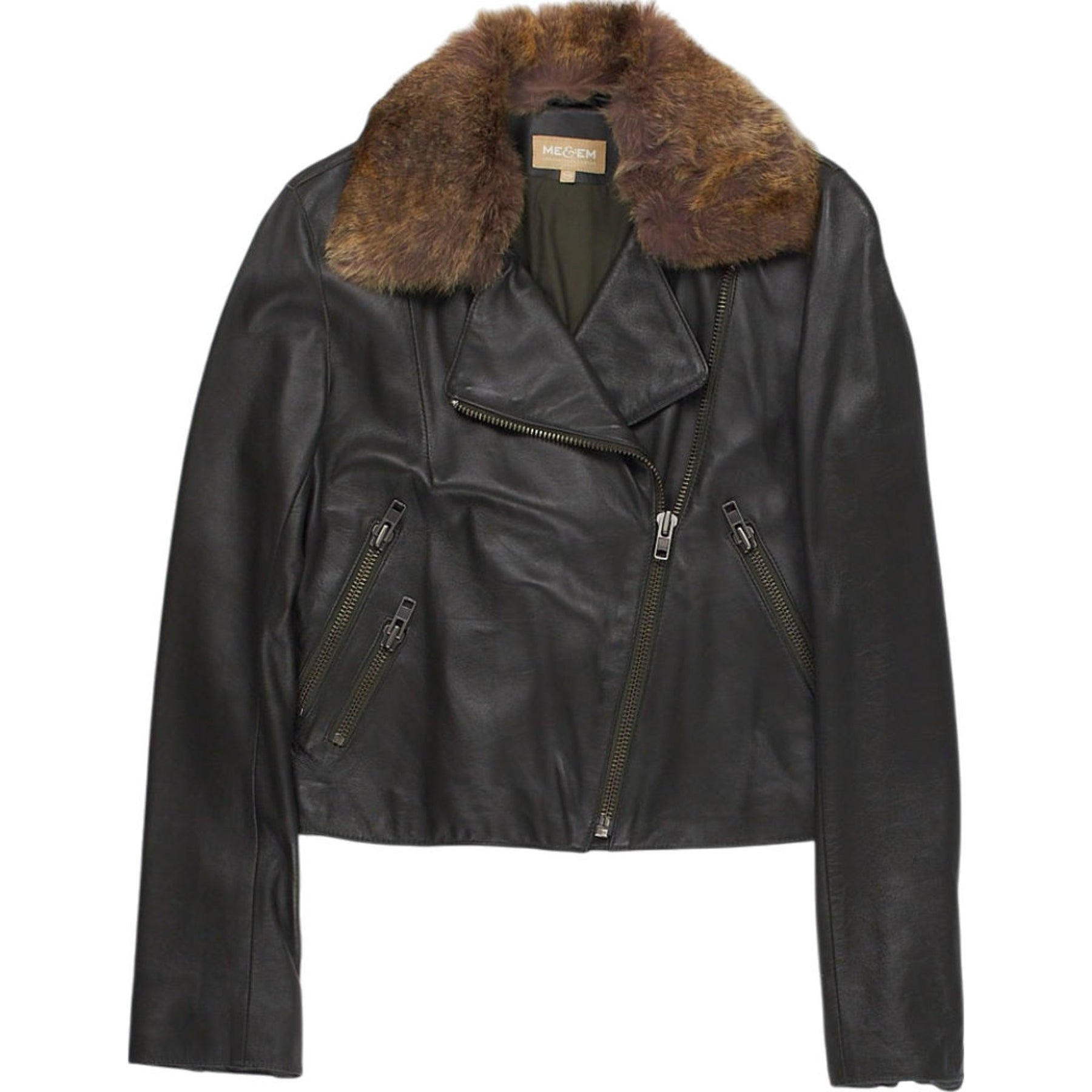 ME & EM Khaki Leather Jacket with Fur Collar