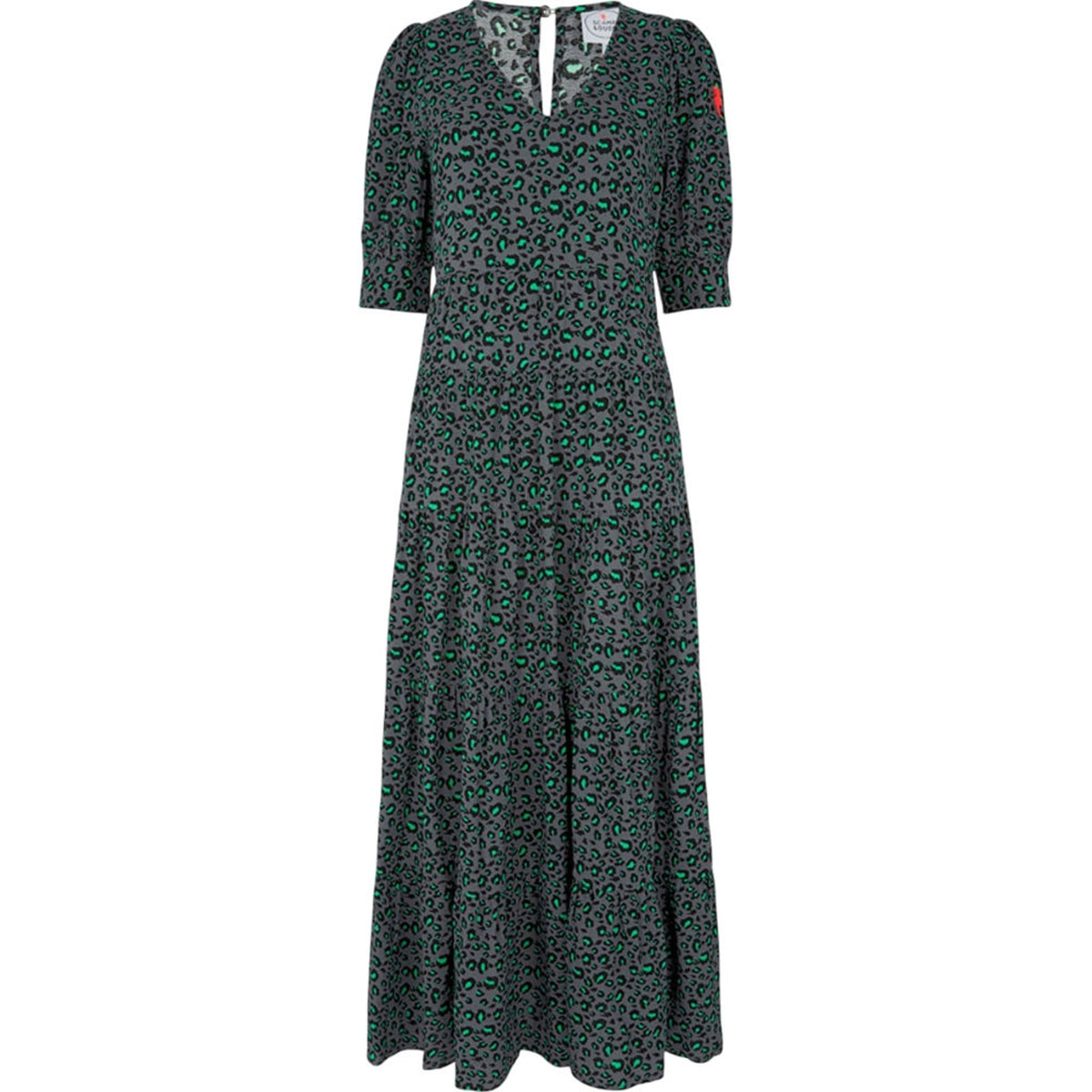 Scamp & Dude V Neck Tiered Maxi Dress Grey with Black and Green Snow Leopard
