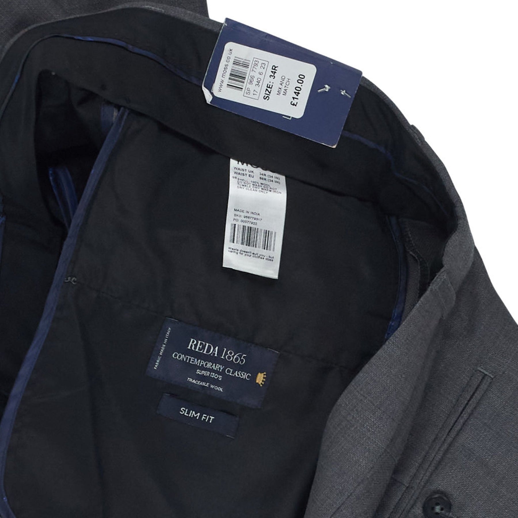 Moss Bros Grey Slim Fit Trousers 34R