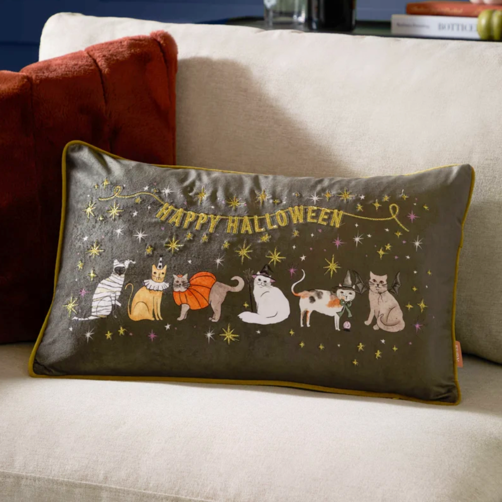 'Halloween Pawty' Embroidered Velvet Cushion