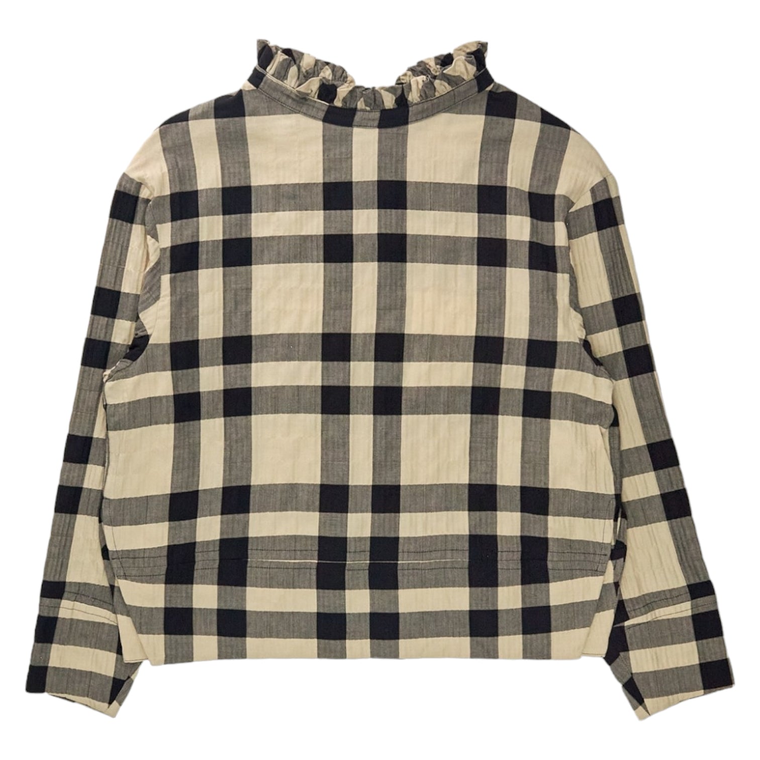 YMC Black/Ecru Check Frill Neck Top