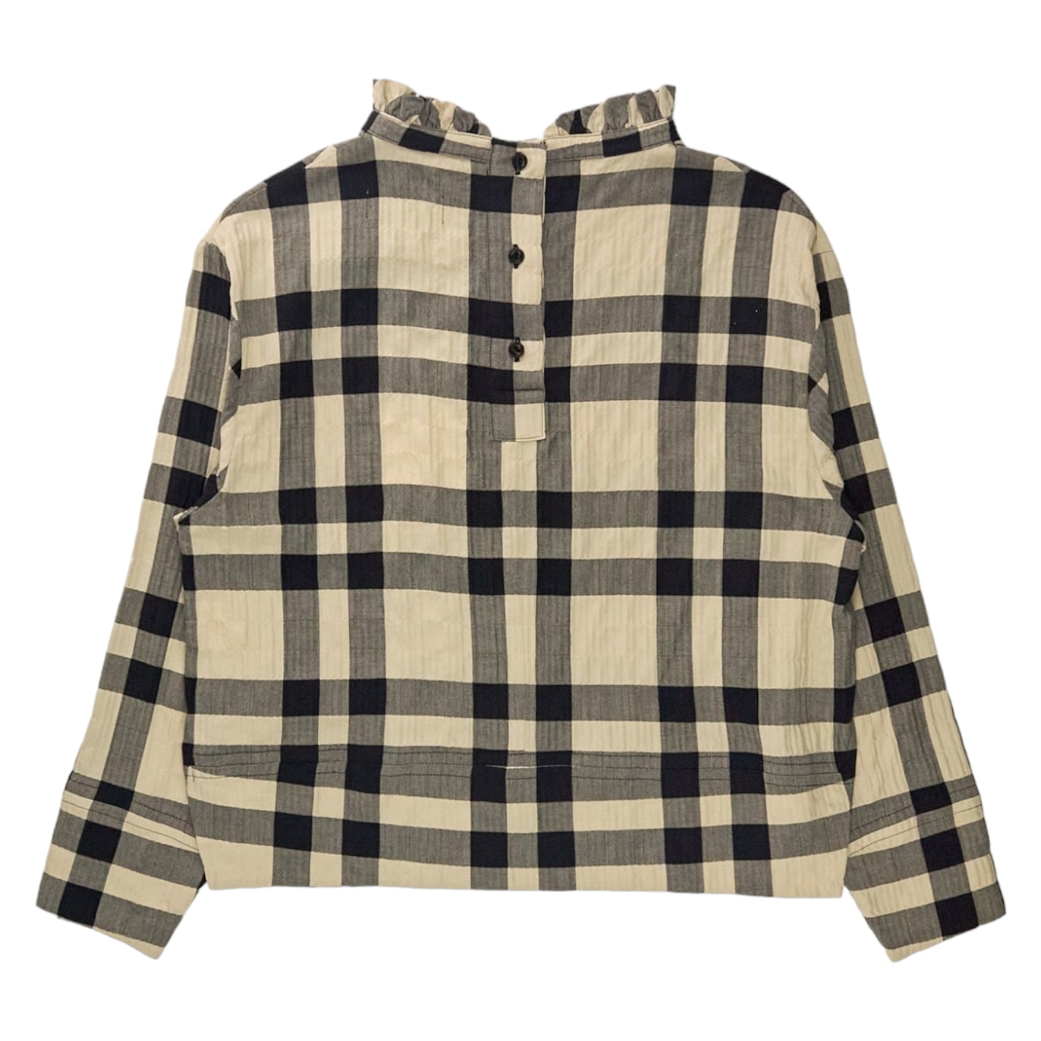 YMC Black/Ecru Check Frill Neck Top