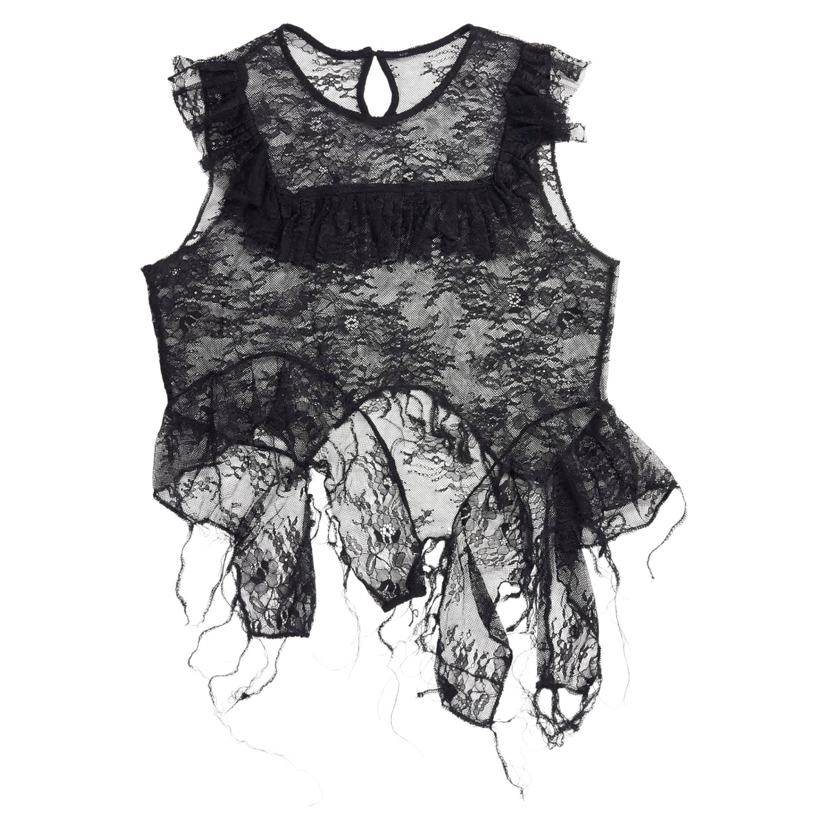 Shop from Crisis Online black upcycled lace crop top with ruffled details and raw distressed hem