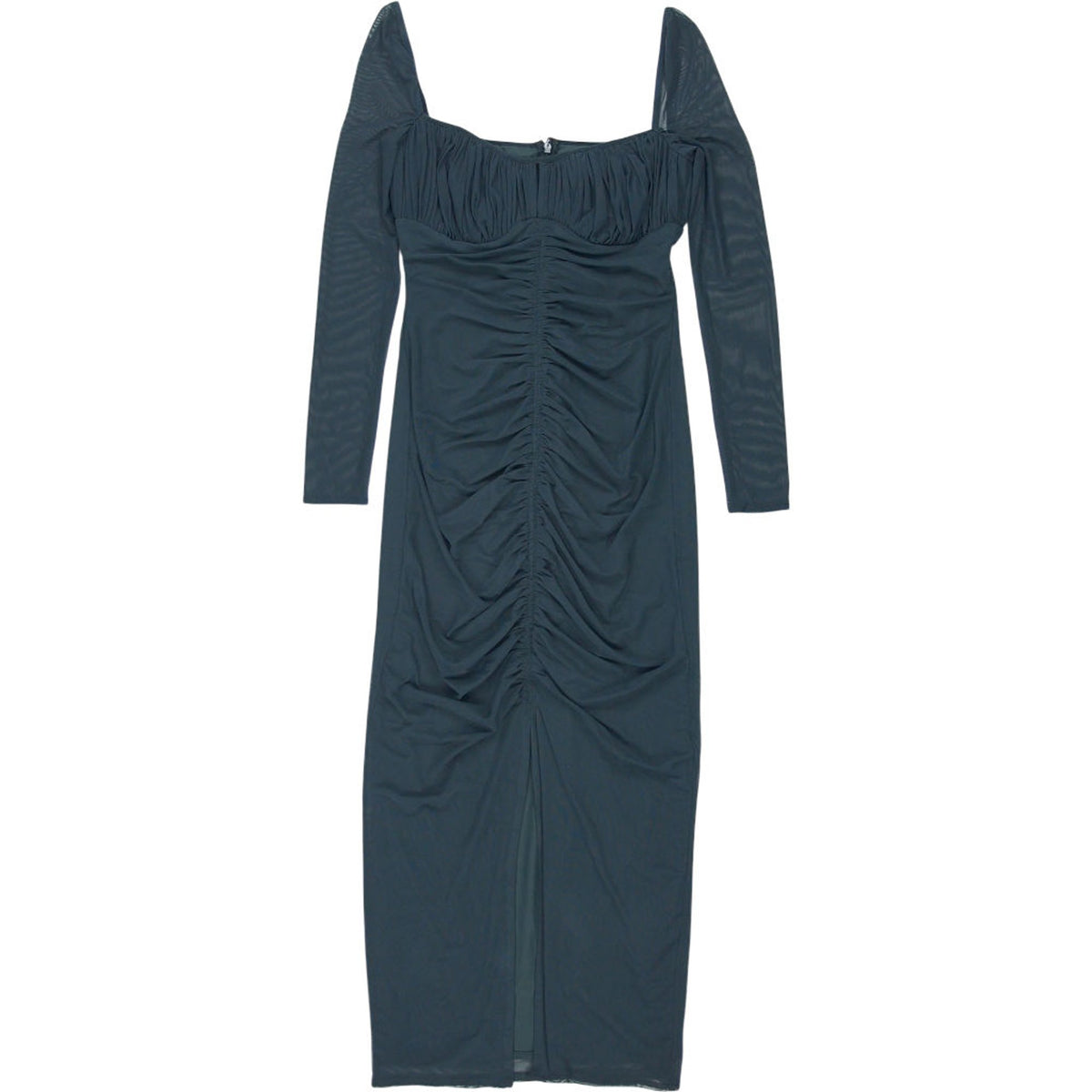 Self-Portrait Slate Power Mesh Ruched Midi Dress