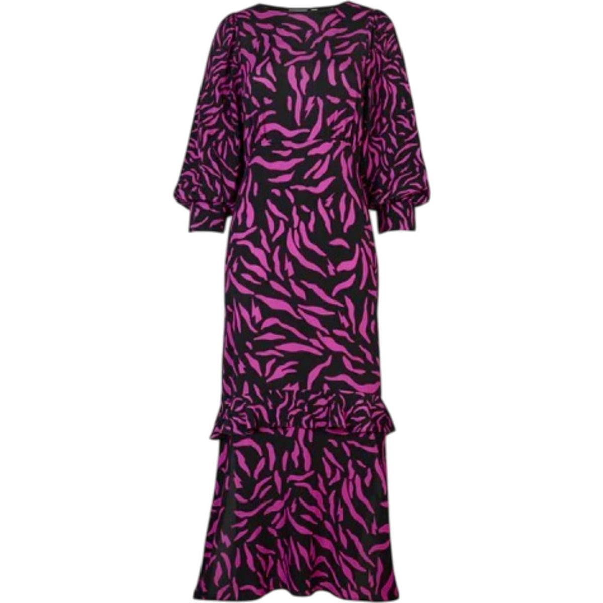 Scamp & Dude Ruffle Hem Blouson Sleeve Midi Dress Black with Magenta Zebra & Lightning Bolt Print