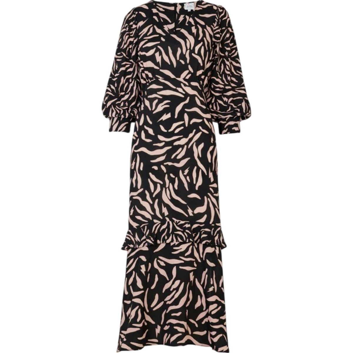 Scamp & Dude Ruffle Hem Blouson Sleeve V NeckMidi Dress Black with Pale Peach Zebra & Lightning Bolt Print
