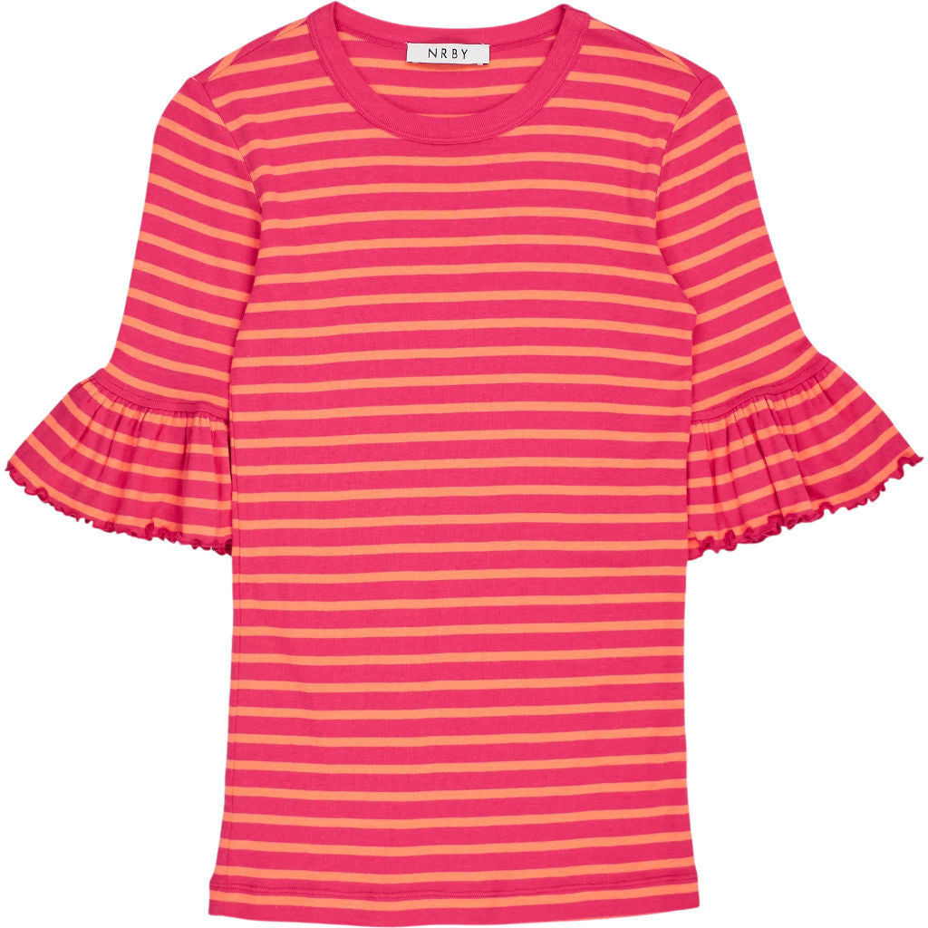 NRBY Pink Striped Ruffle Sleeve Top