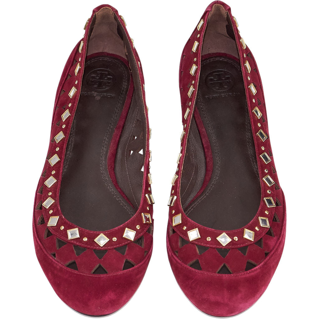 Tory Burch Red Suede Studded Flats