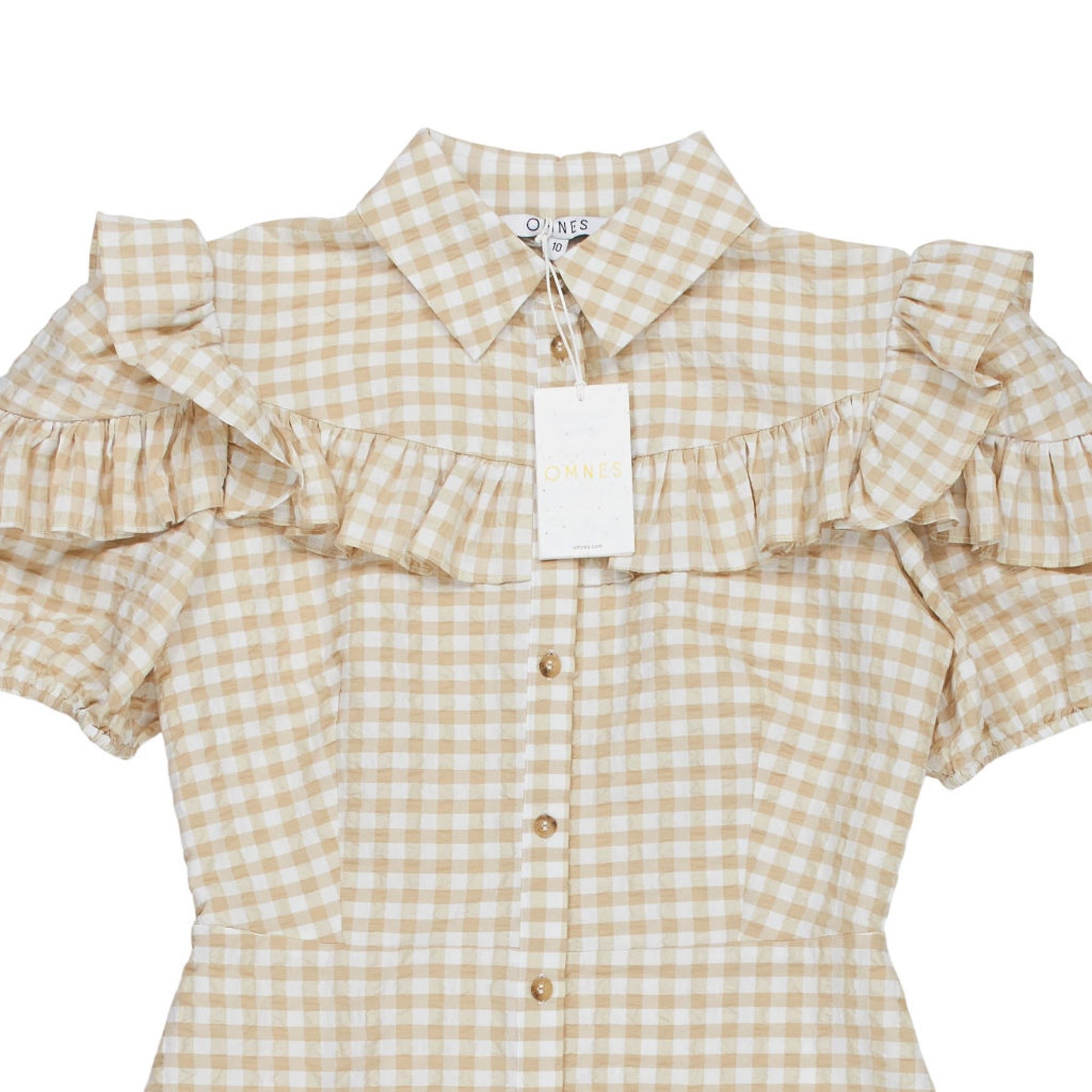 OMNES Beige Gingham Ruffle Dress