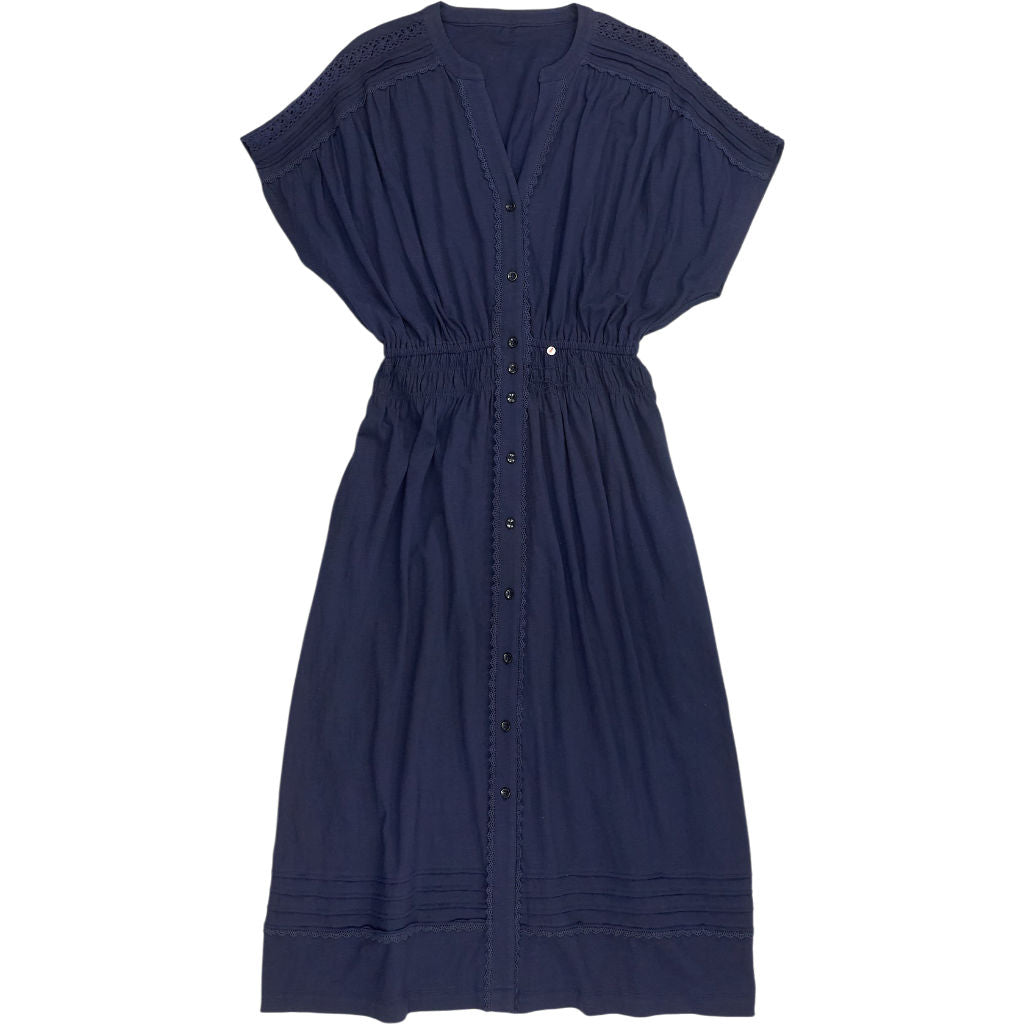 WYSE Navy Button-Up Midi Dress with Lace