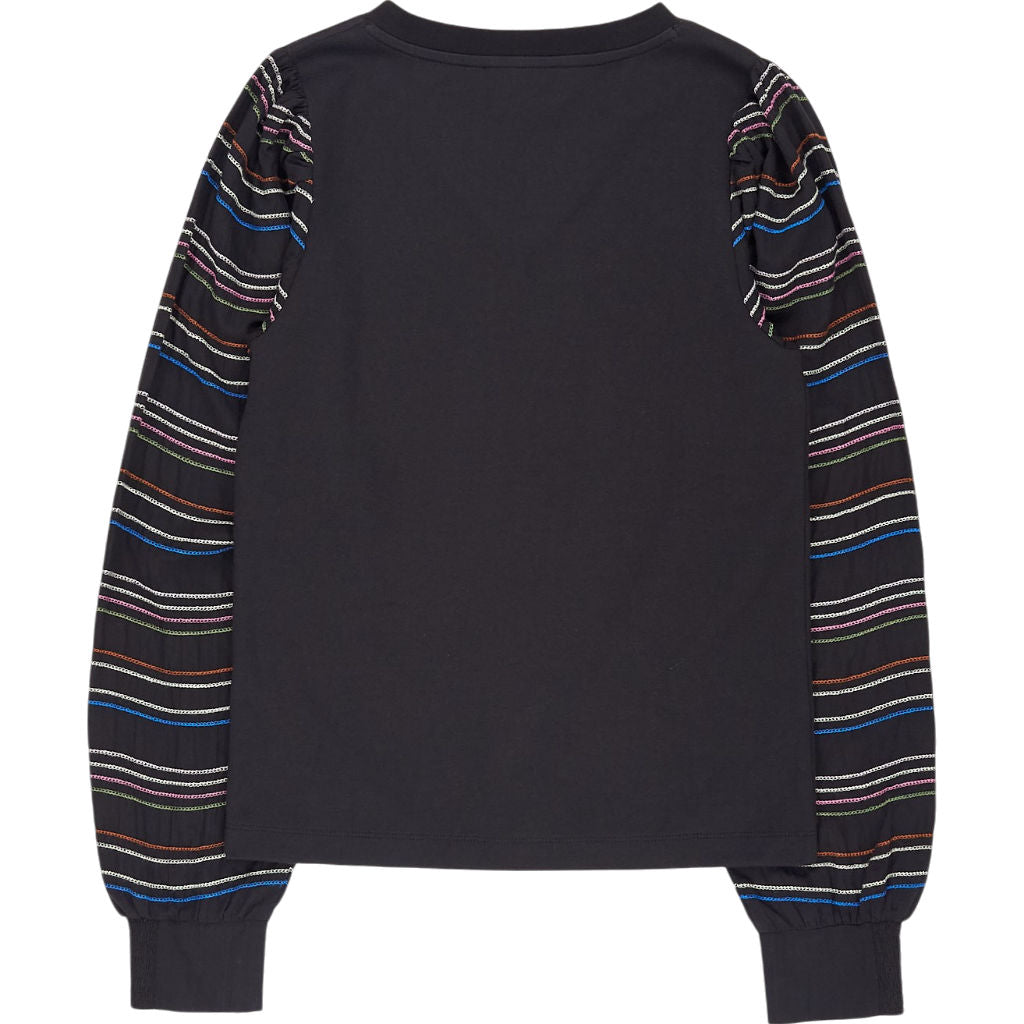 Wyse Black Nancy Tee V-Neck Striped Sleeves