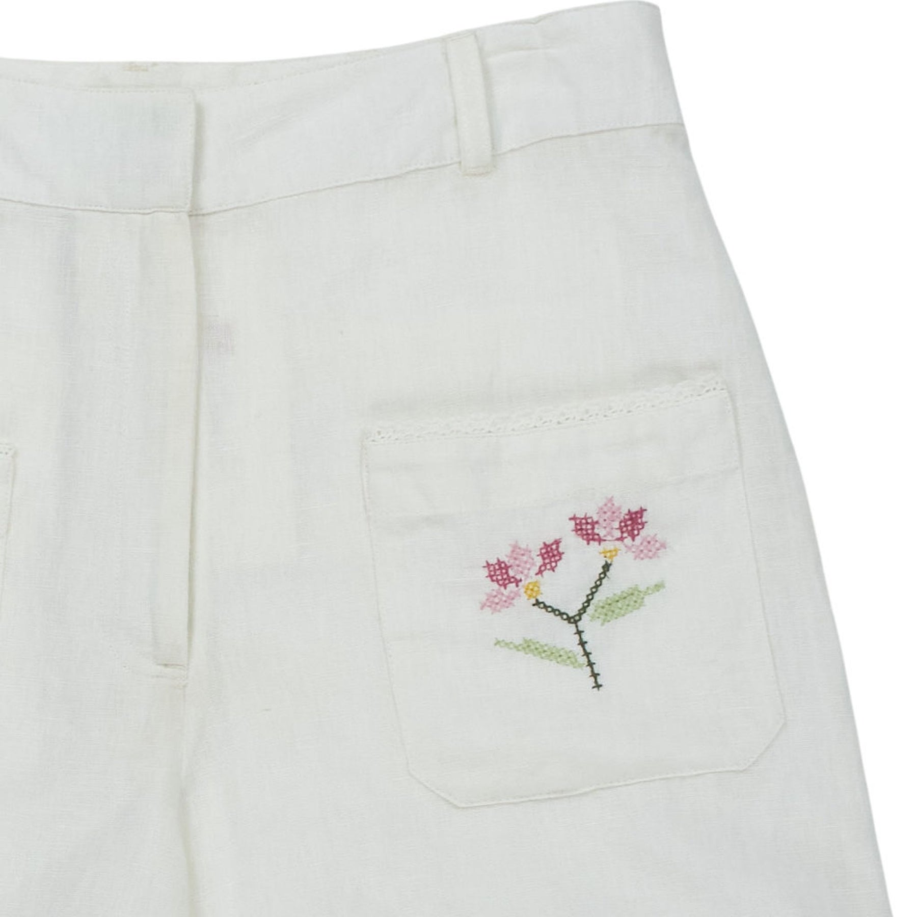 WYSE White Cotton Linen Embroidered Shorts