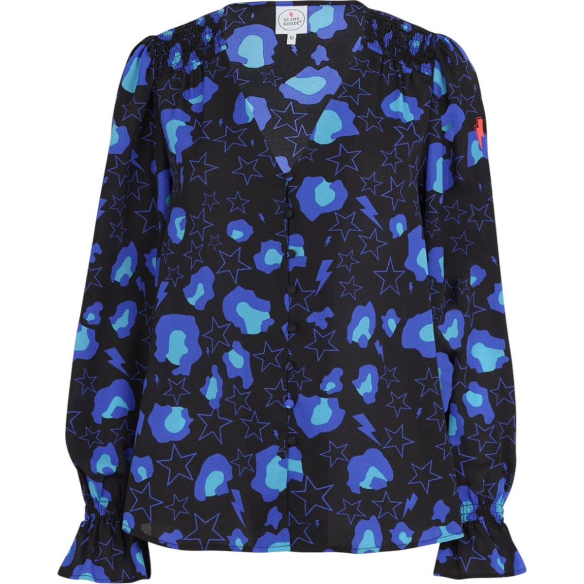 Scamp & Dude Black with Blue Snow Leopard Star and Lightning Bolt Blouse