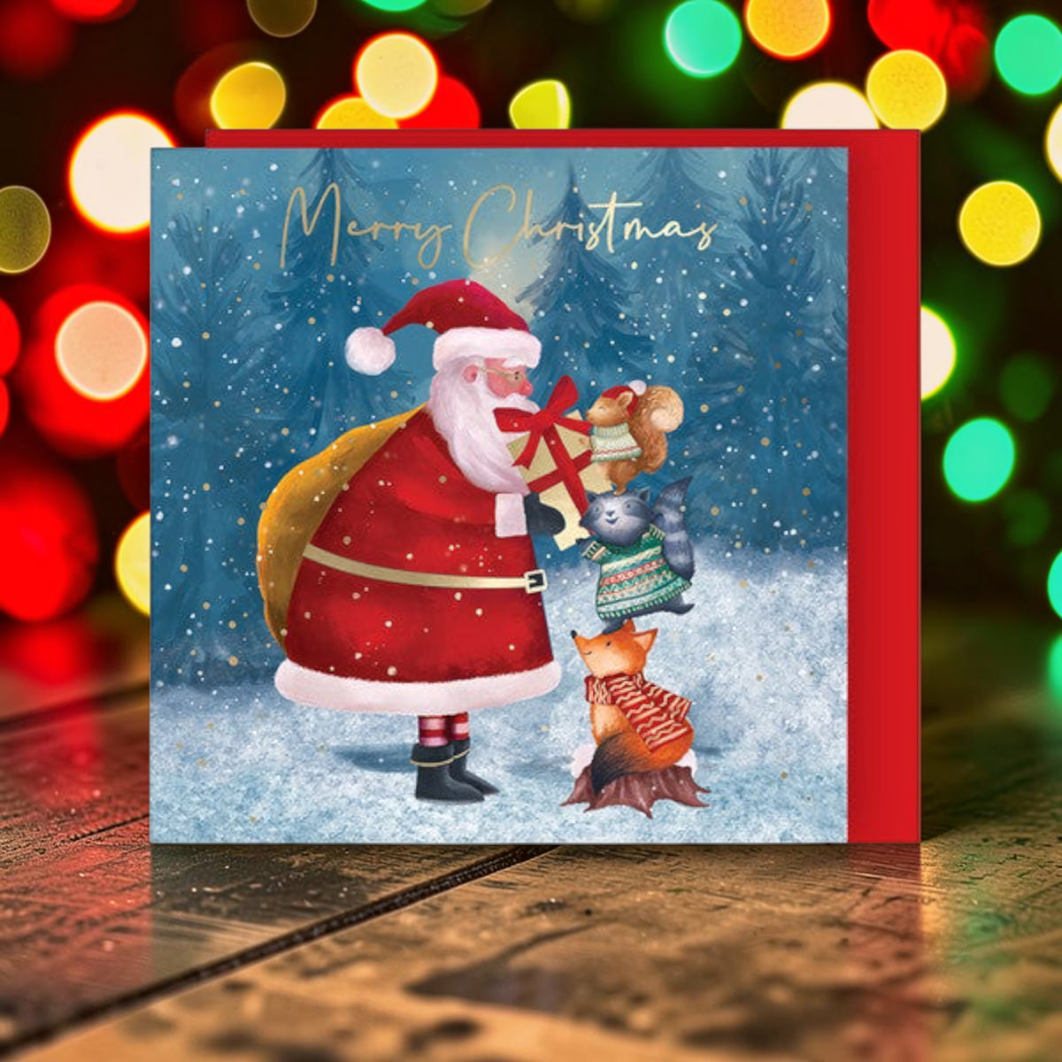 Santa With Animals Cards- pack of 8