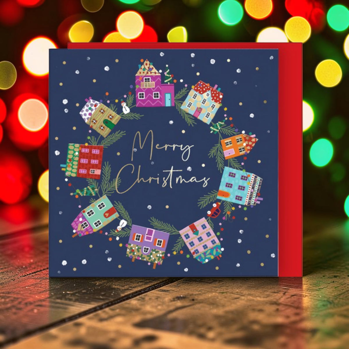 Wreath - Christmas Houses Christmas cards - pack of 8