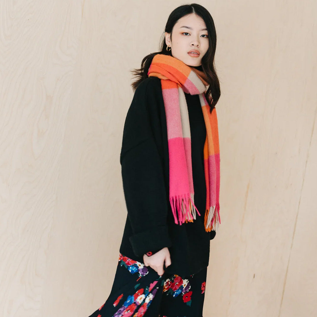 Lambswool Oversized Scarf in Pink Square Check - Exclusive Embroidery