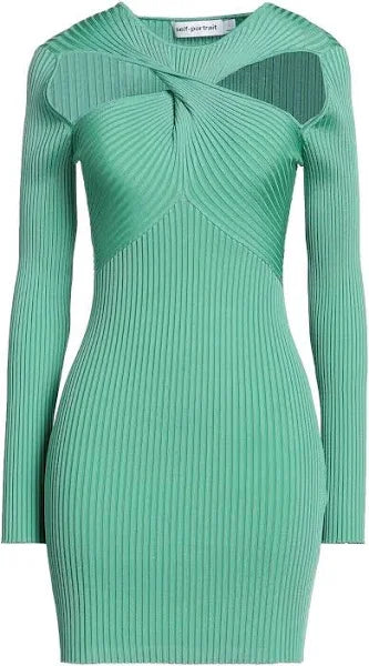 Self-Portrait Green Ribbed Knit Mini Dress S