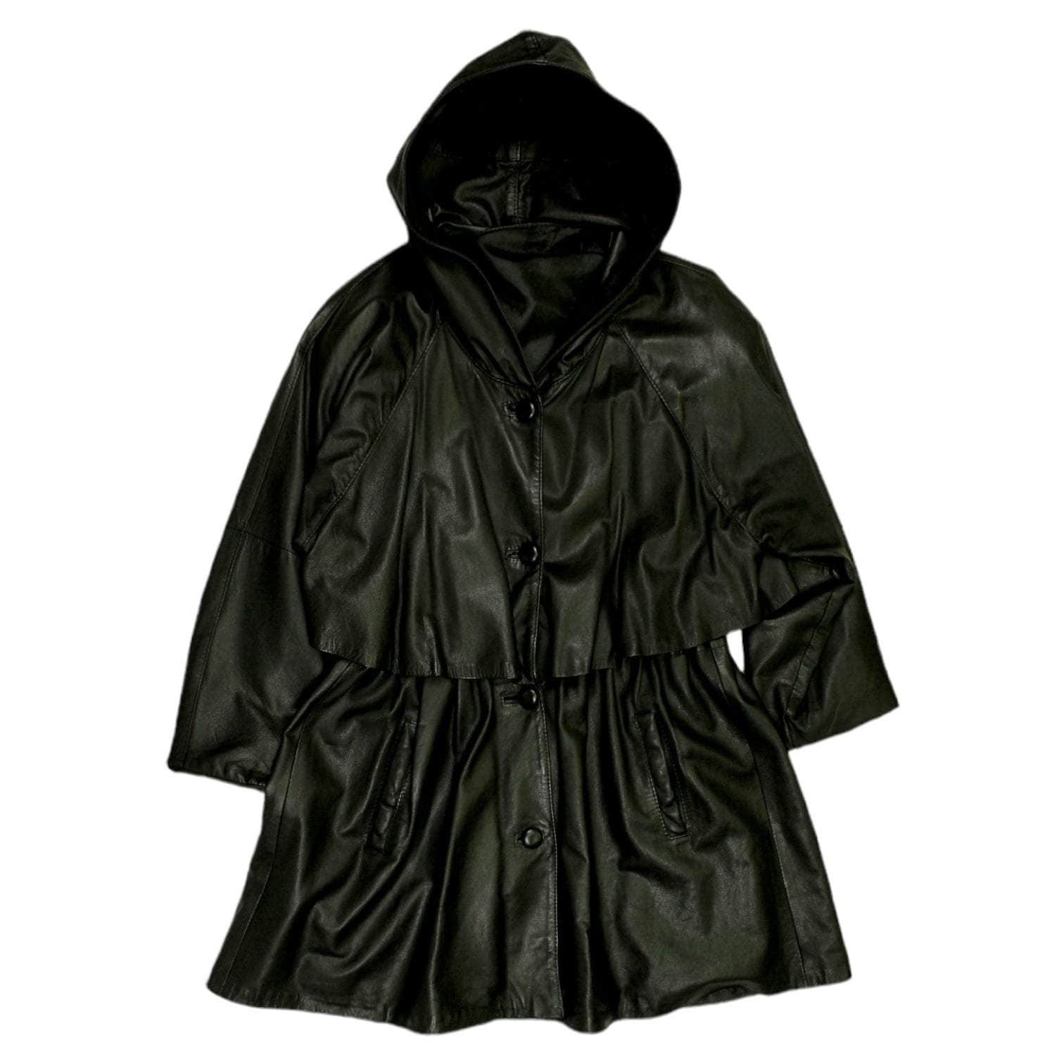 Vintage Black Leather Hooded Coat