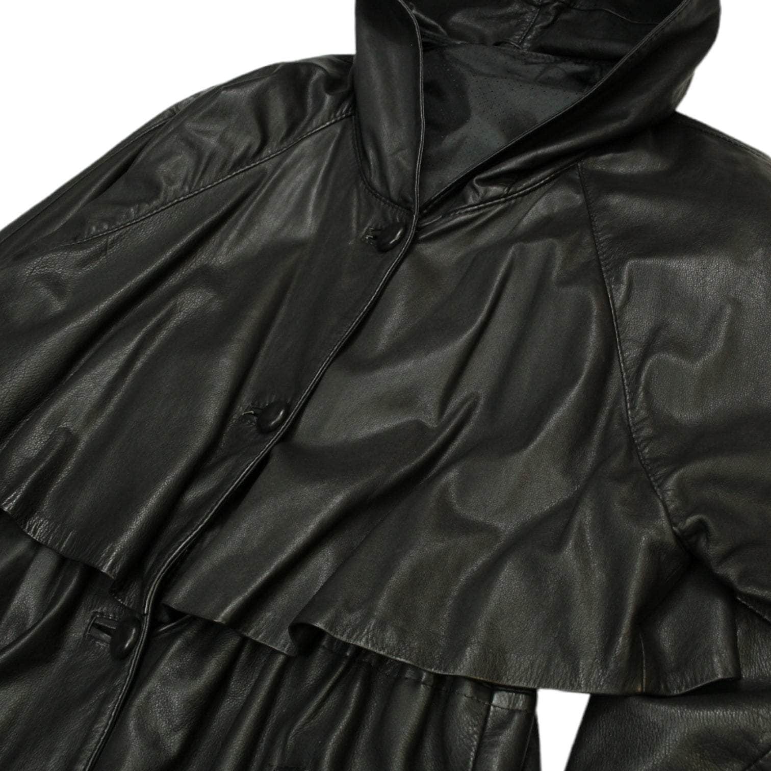 Vintage Black Leather Hooded Coat