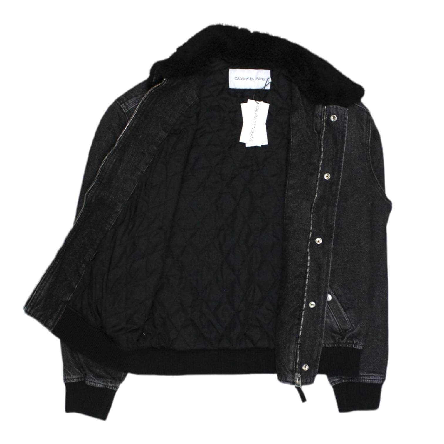 Calvin Klein Black Denim Faux Fur Collar Jacket