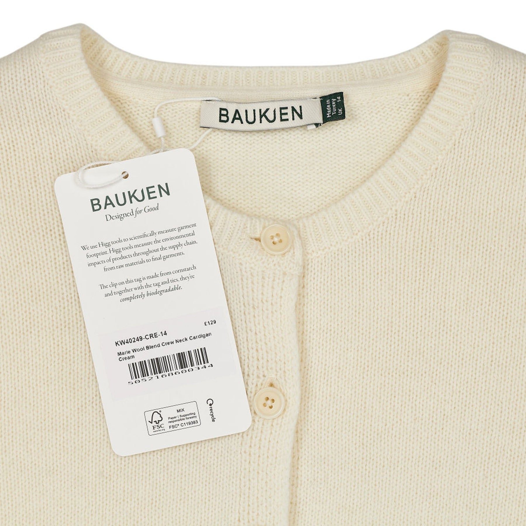 Baukjen Cream Wool Blend Crew Neck Cardigan