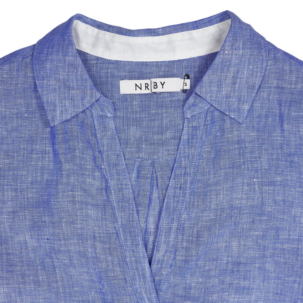 NRBY Blue Linen White Collar Blouse