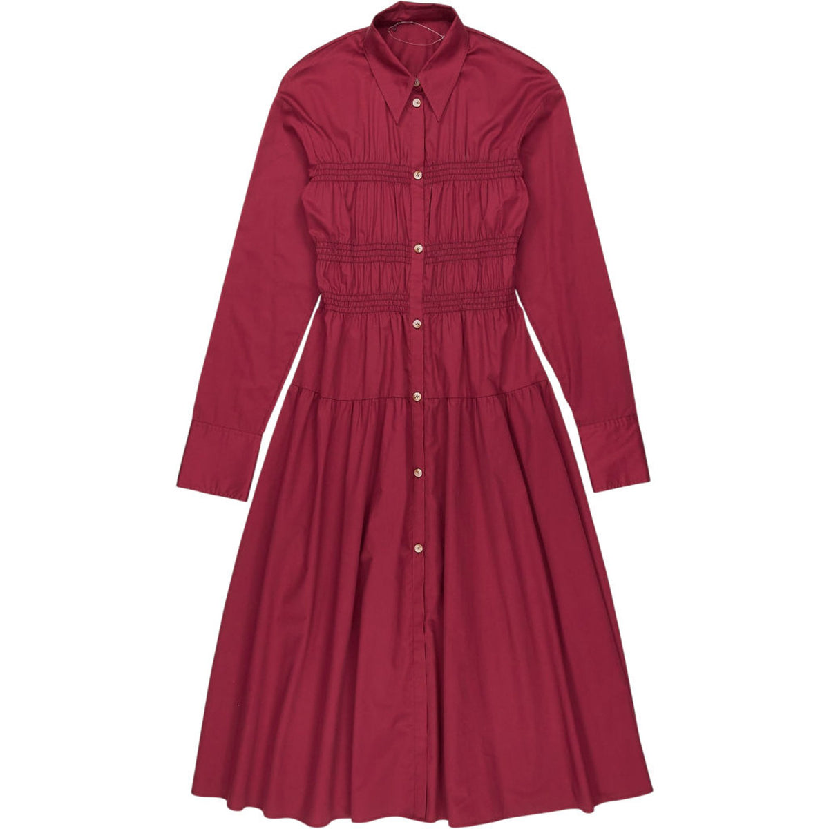 Red Shirred Button-Up Midi Dress S